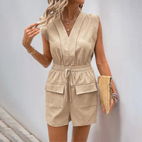 Summer Jumpsuit Tied V neck Solid Color Romper