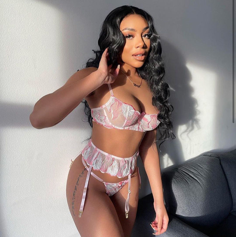 Pink Lace Hollow Out Cutout Embroidery Sexy Backless Garter Three Point Sexy Three Piece Set