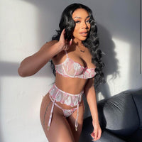 Pink Lace Hollow Out Cutout Embroidery Sexy Backless Garter Three Point Sexy Three Piece Set