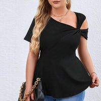 Plus Size Women Sexy off Shoulder Diagonal Collar T shirt Summer Pullover Solid Color Short Sleeve Top