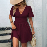 Plus Size Women Clothing Spring Summer Purplish Red Elegant Dress Waist Tight Tummy Hiding Short Dress