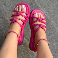 Round Toe Woven Platform Sandals Women Wedge Back Mixed Belt Beach Slippers
