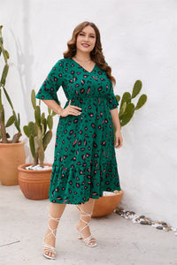 Plus Size Women's Clothing Summer V Neck Short Sleeve Ruffled Elastic Waist Dress Midi Dress