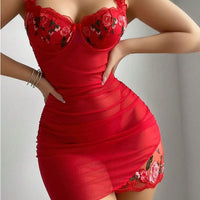 Spring Sexy Transparent Lingerie Suspender off Shoulder Slim Hip Embossed Dress