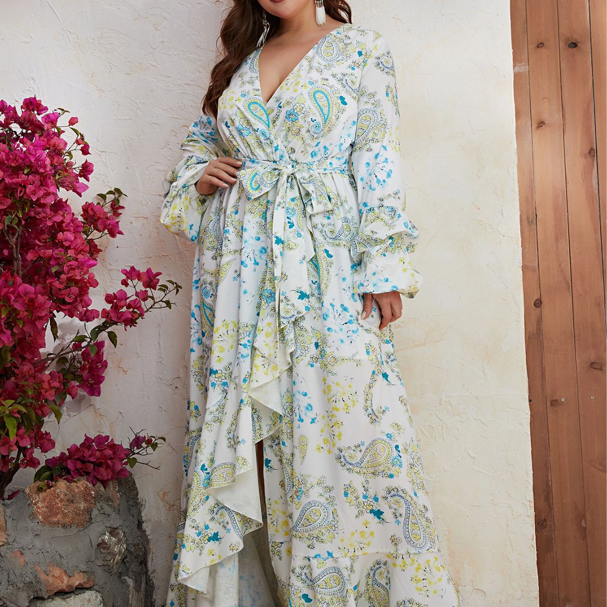 Plus Size Maxi Dress Women Chiffon V Neck Long Sleeve Dress Split Print Casual Maxi Dress