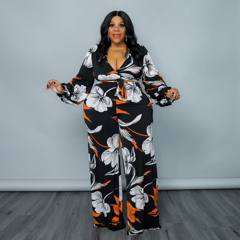 Plus Size Women Clothing Spring Bubble Sleeve Printed Jumpsuit