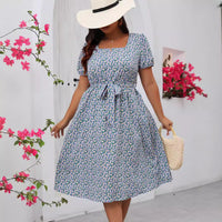 Plus Size Women Floral Summer Dress Square Collar Short Sleeve Belt Pleated Hem A line Wave