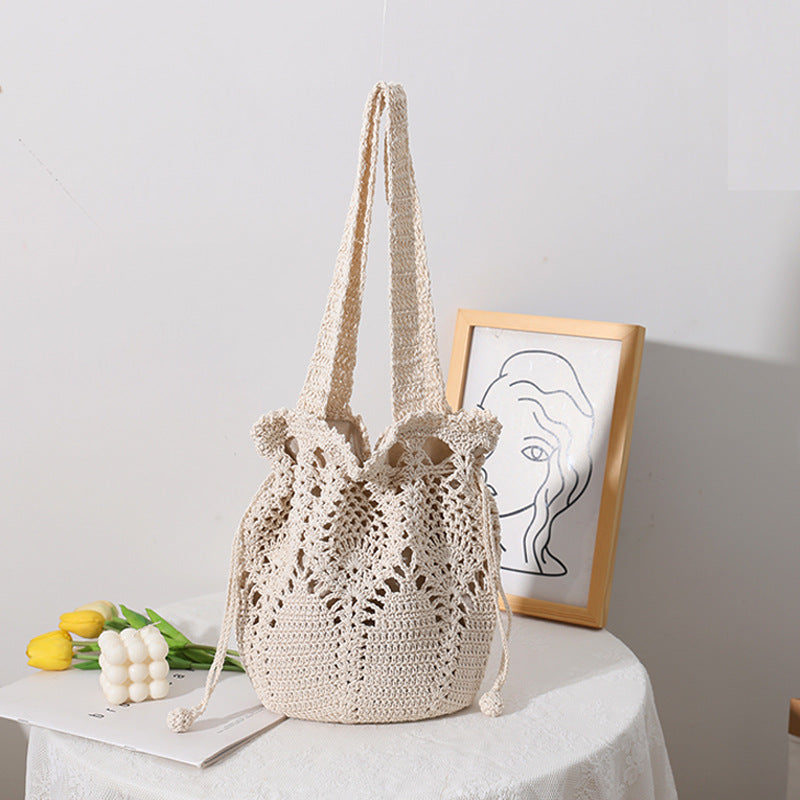 South Korea Cotton Thread Woven Bag Summer One Shoulder Portable Fairy Floral Bucket Straw Bag Vacation Beach Bag