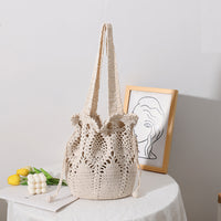 South Korea Cotton Thread Woven Bag Summer One Shoulder Portable Fairy Floral Bucket Straw Bag Vacation Beach Bag