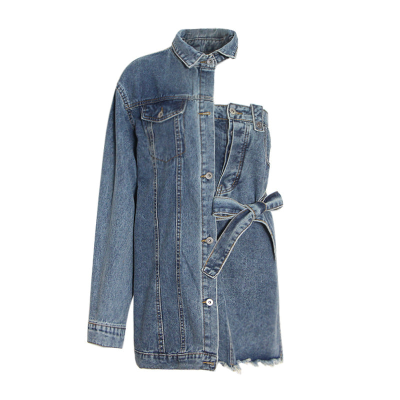Anti-Aging Irregular Asymmetric Denim Women Autumn Polo Collar Single-Breasted One-Sleeve Short Dress Plus Size