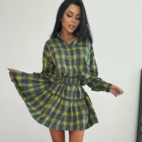 Women Clothing Shirt High Waist Pleated Skirt Two Piece Set Spring Plaid Long Sleeve Shirt Outfit