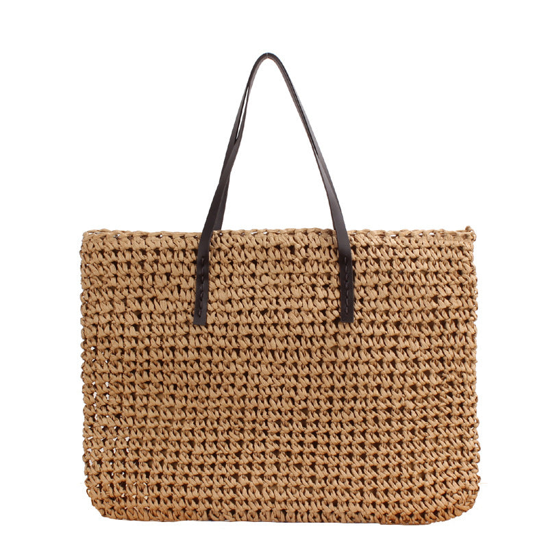 Large Capacity Casual Straw Bag Korean Shoulder Bag Solid Color Handmade Woven Bag Mori Photo