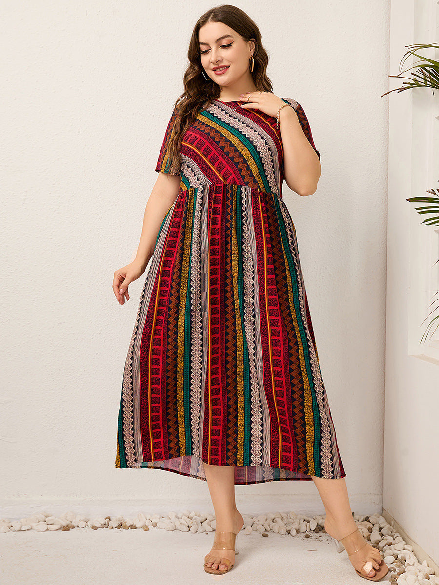 Plus Size Ladies Women round Neck Twill Stitching Casual Printed Short Sleeves Dress