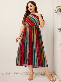 Plus Size Ladies Women round Neck Twill Stitching Casual Printed Short Sleeves Dress