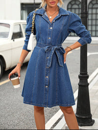 Retro Waist Controlled Slimming Long Sleeve Denim Dress Women Belted Button