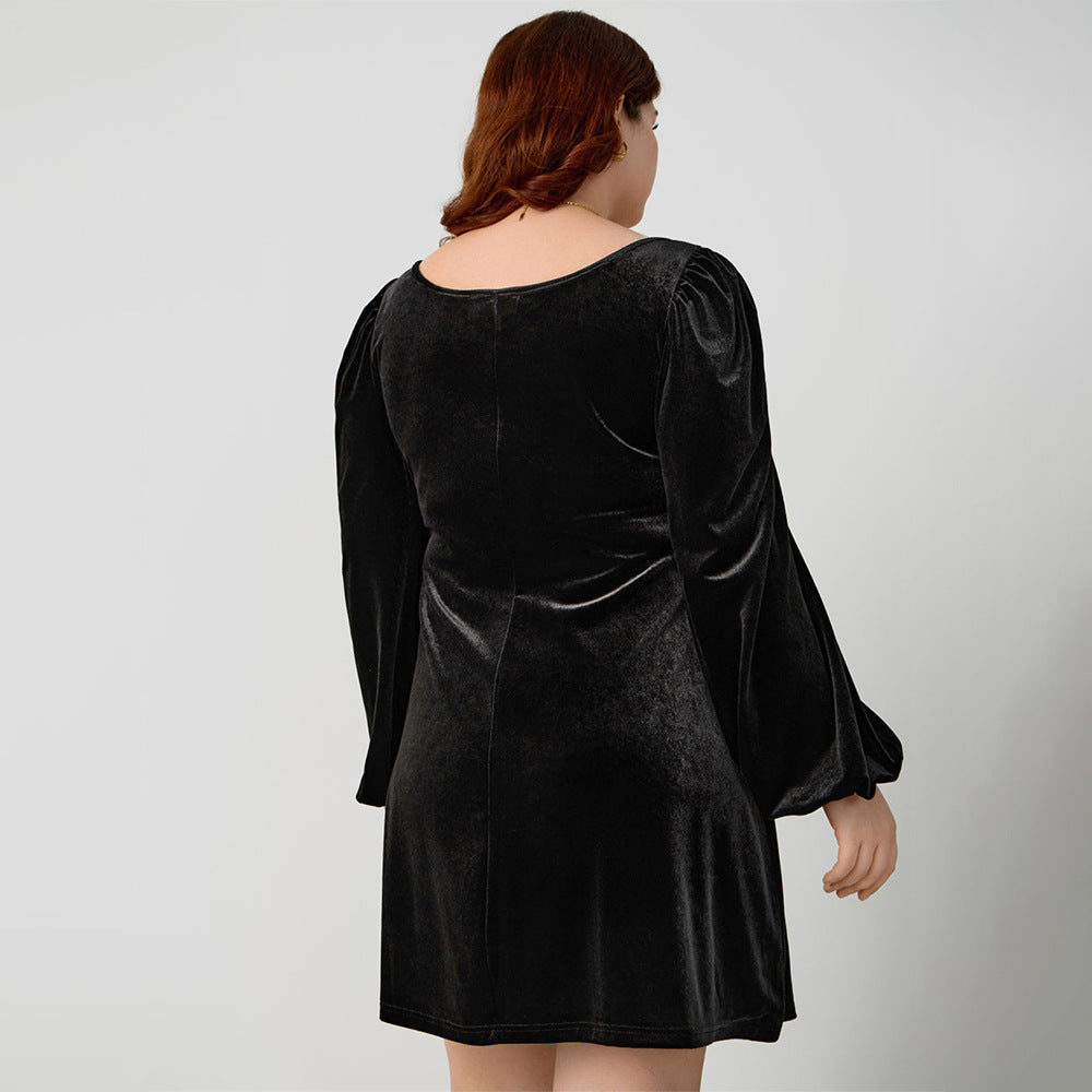Plus Size Women Clothing Autumn Winter Square Collar Sexy Velvet Lantern Sleeve Fit Socialite Dress