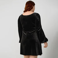 Plus Size Women Clothing Autumn Winter Square Collar Sexy Velvet Lantern Sleeve Fit Socialite Dress