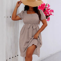 Plus Size Women Clothing Elegant Graceful Square Collar Lace up Small Plaid Large Swing Dress