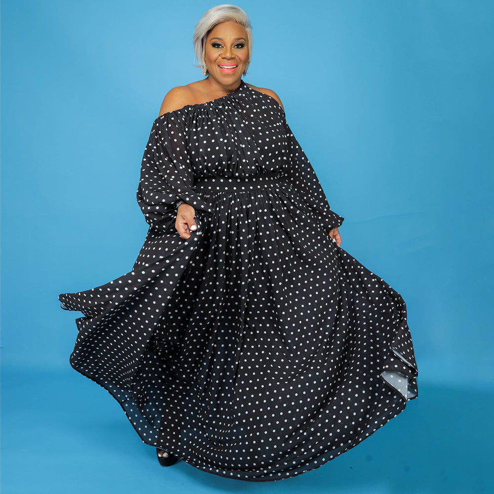 Plus Size Women Clothing Printed Loose Dress One Shoulder Strap Sexy Large Swing Dress