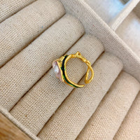 Vintage French Retro Enamel Craft Natural Pearl Floral Braid Open Ring Light Luxury Minority Ring