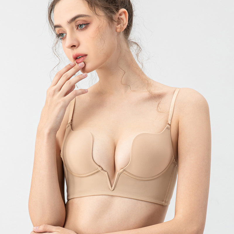 French Small Breast Push up Underwear Sexy Glossy Surface without a Scratch Underwear Deep V Plunge Halter Beautiful Back Underwired Bra
