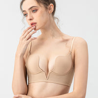 French Small Breast Push up Underwear Sexy Glossy Surface without a Scratch Underwear Deep V Plunge Halter Beautiful Back Underwired Bra