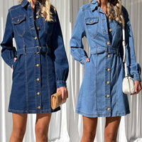 Denim Dress Women Autumn Winter Long Sleeved Denim Dress Washed Office Denim Dress