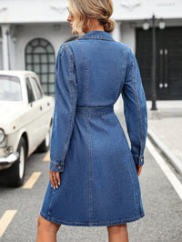 Retro Waist Controlled Slimming Long Sleeve Denim Dress Women Belted Button