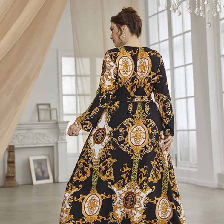 Plus Size Printed Pullover Office Maxi Dress Women With Belted