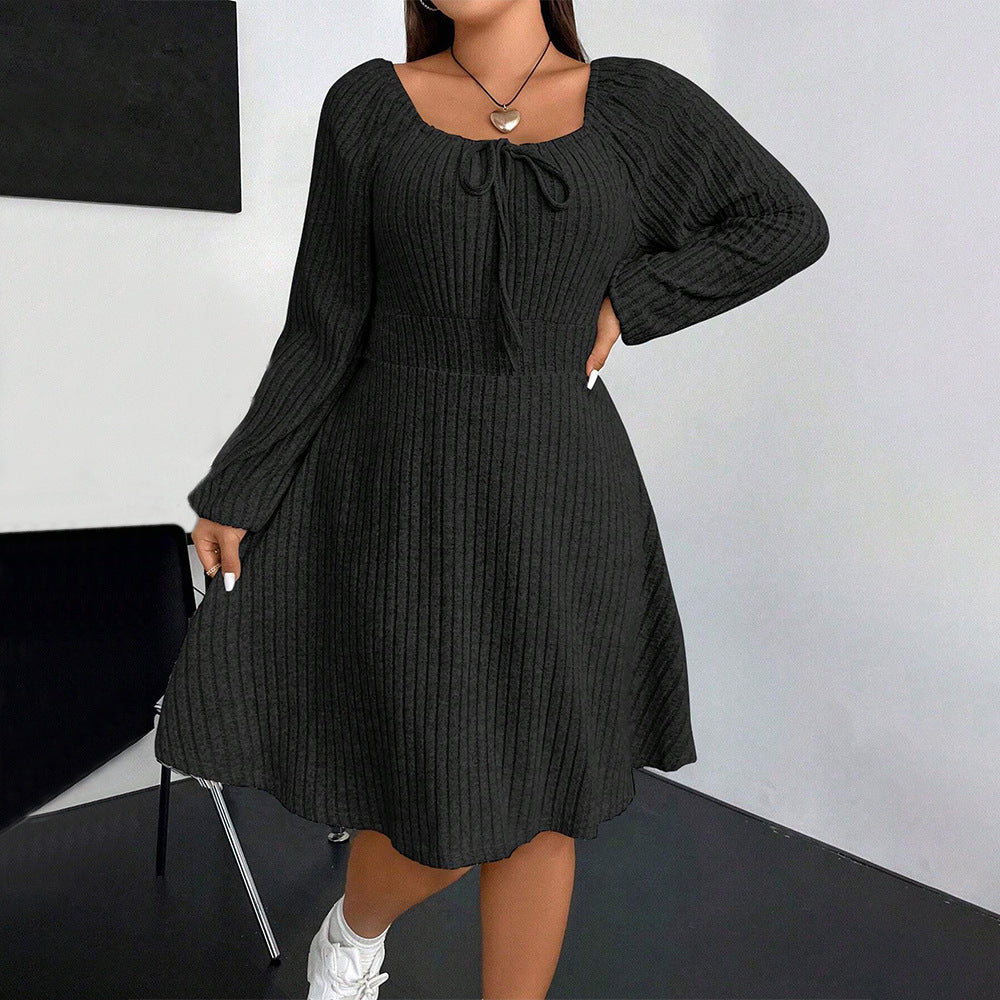 Plus Size Autumn Winter Women Clothing Square Collar Long Sleeve Waist Mini Fleece Sunken Stripe Dress
