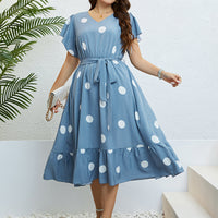 Summer V neck Lace up Waist Slimming Dress Women