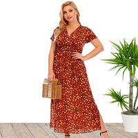 Plus Size Summer Women Clothes Floral Dress V-neck Split Dress