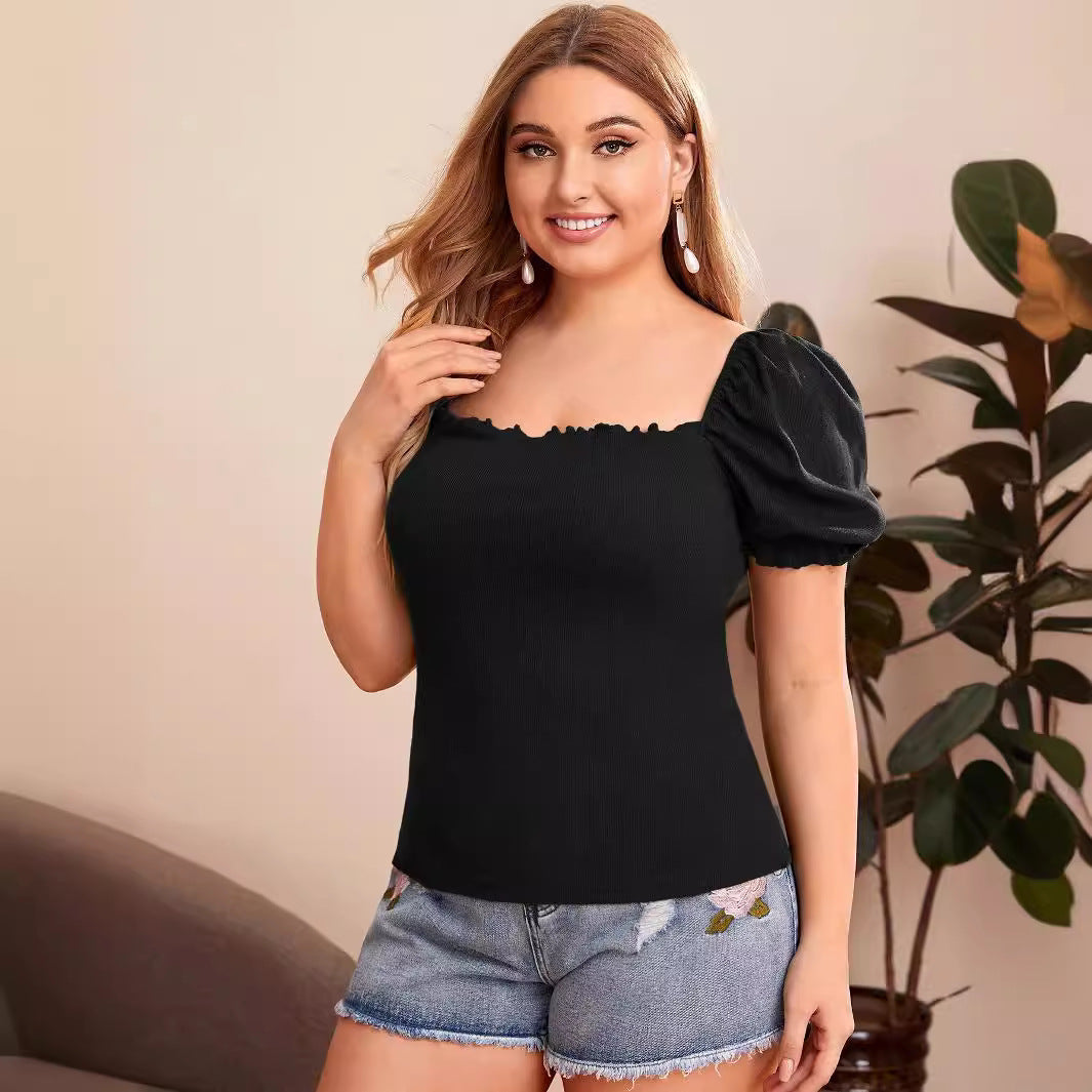 Plus Size Women Elegant Puff Sleeve T shirt Summer Square Collar Solid Color Short Top