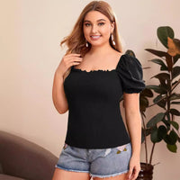 Plus Size Women Elegant Puff Sleeve T shirt Summer Square Collar Solid Color Short Top