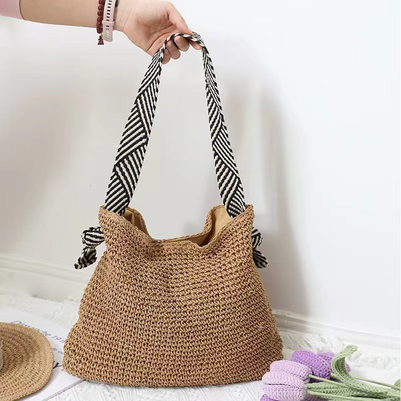 Bag Striped Wide Ribbon Shoulder Straw Bag Woven Bag Vacation Beach Bag
