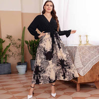 Plus Size Maxi Dress Pullover Elastic Waistband Lace up Chiffon Printed Sexy V neck Dress Women
