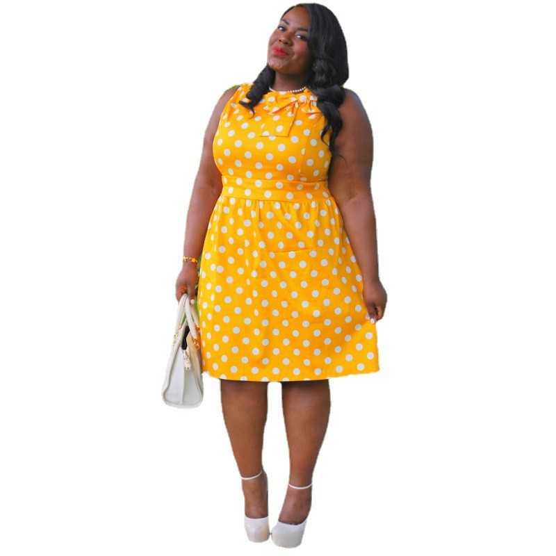 Plus Size Wish Vintage Print Stitching Bow Dress Dress