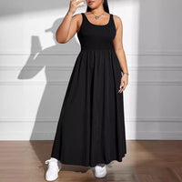 Plus Size Women Collar Sleeveless Dress Fitted Waist Vest Solid Color Midi Dress