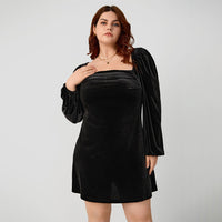 Plus Size Women Clothing Autumn Winter Square Collar Sexy Velvet Lantern Sleeve Fit Socialite Dress