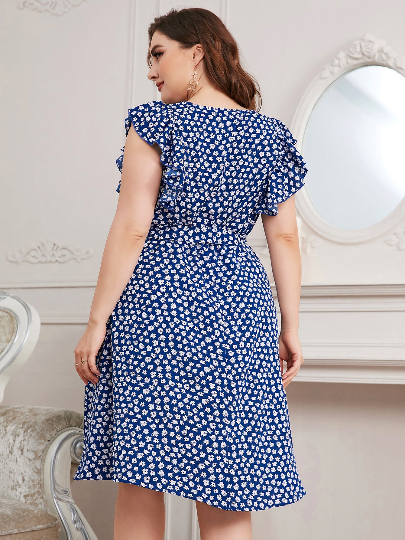 Plus Size Autumn Neck Office Printed Blue Chiffon Dress Expose Clavicle Short Vest Puls Size