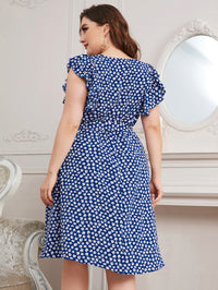 Plus Size Autumn Neck Office Printed Blue Chiffon Dress Expose Clavicle Short Vest Puls Size