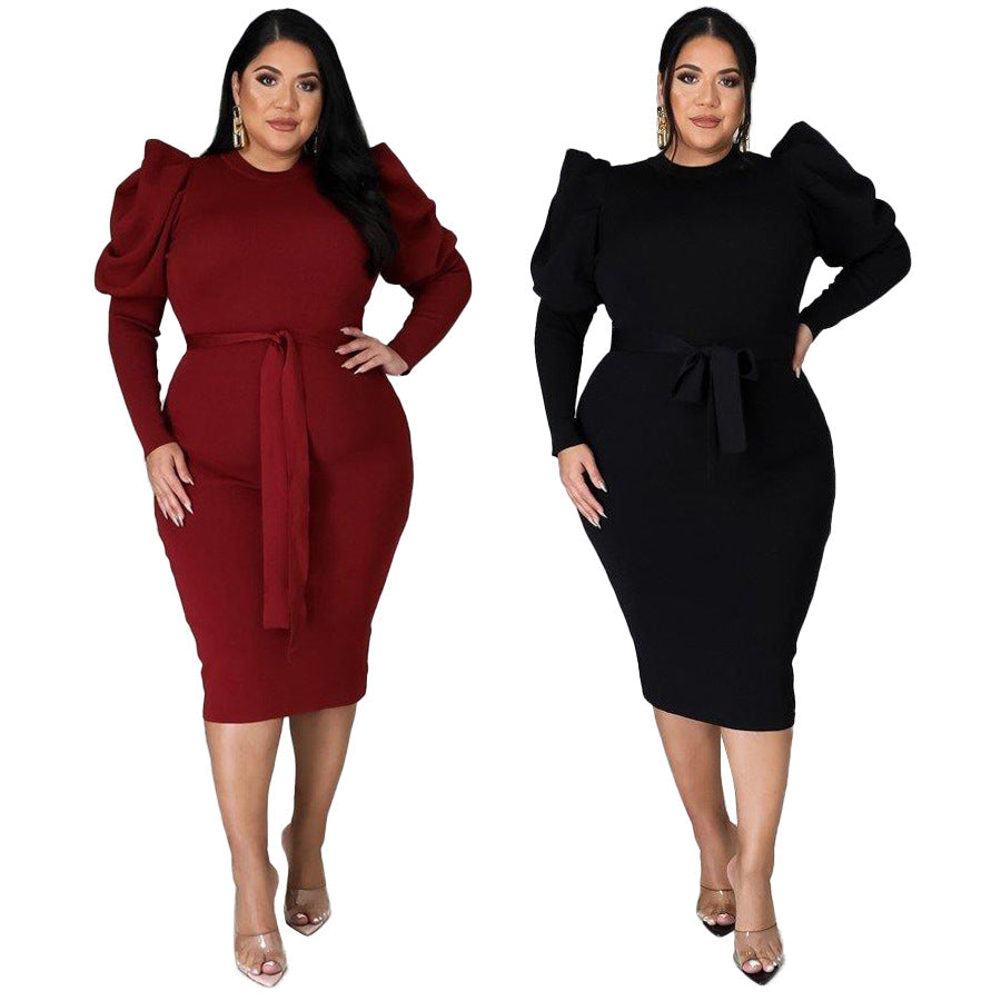 Plus Size Women Clothing Long Sleeve Belt Slim Fit Dress
