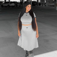 Women Clothing Autumn Winter round Neck Pullover Contrast Color Exposed Cropped Curved Edge High Waist Pleated Midi Skirt Two Piece Sets