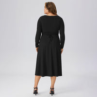 Plus Size Autumn Winter Women Square Collar Mid Length Waist Office Long Sleeve Dress