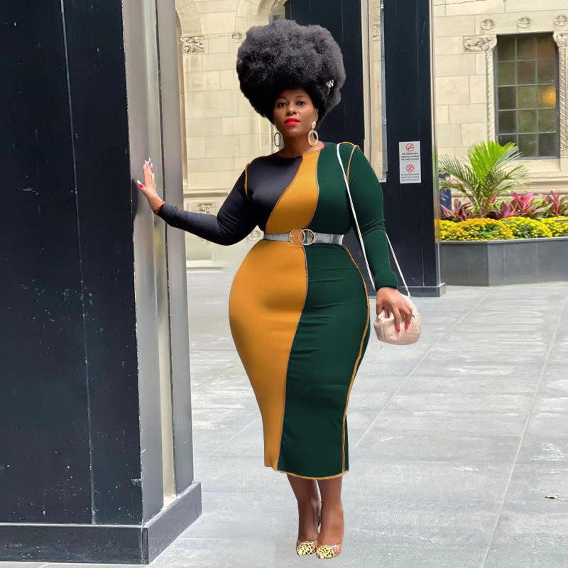 Plus Size Women Clothing Spring Stitching Contrast Color Tight Dress