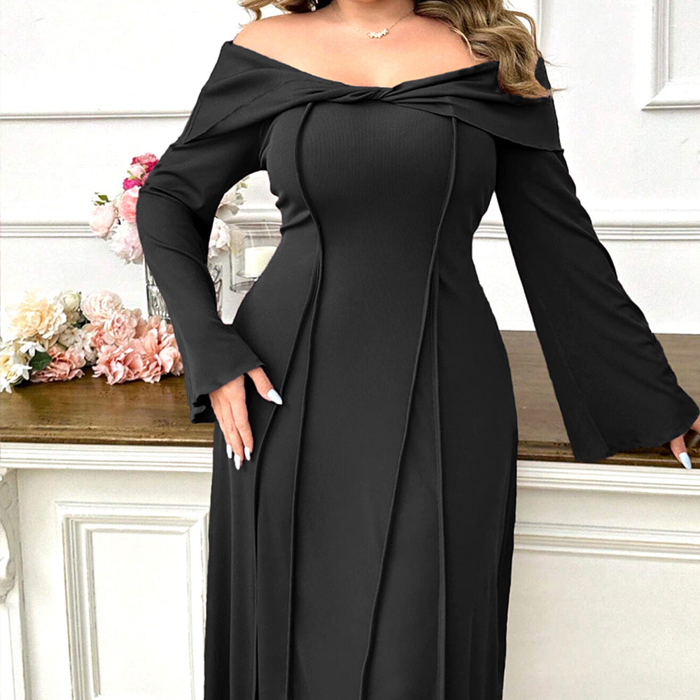 Plus Size Women Elegant Intellectual Dress Autumn Winter Boat Collar Adult Lady like Woman Elegant Midi Dress