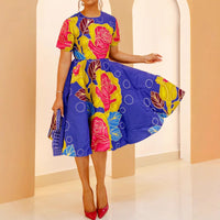 Women Clothing Office Comfortable Short Sleeve round Neck Zipper Printing Dress