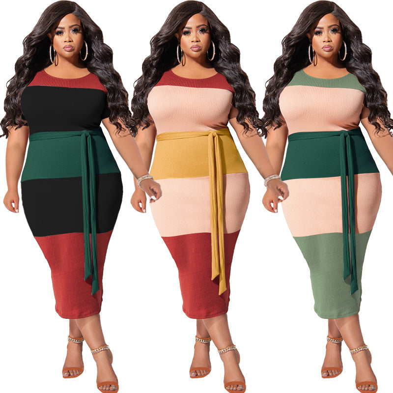Plus Size Thread Stitching Contrast Color Tight Women Dress
