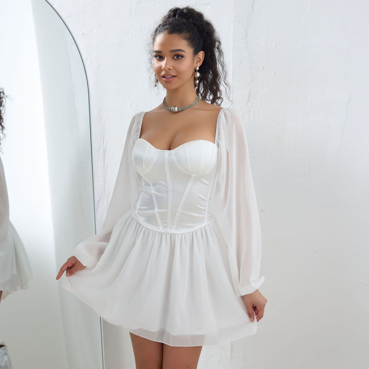 Plus Size Women Clothing Dress Tube Top Square Collar Mesh Stitching Satin High Waist A line Dress