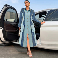 Plus Size Women Clothing Denim Stitching Collared Long Sleeve Dress